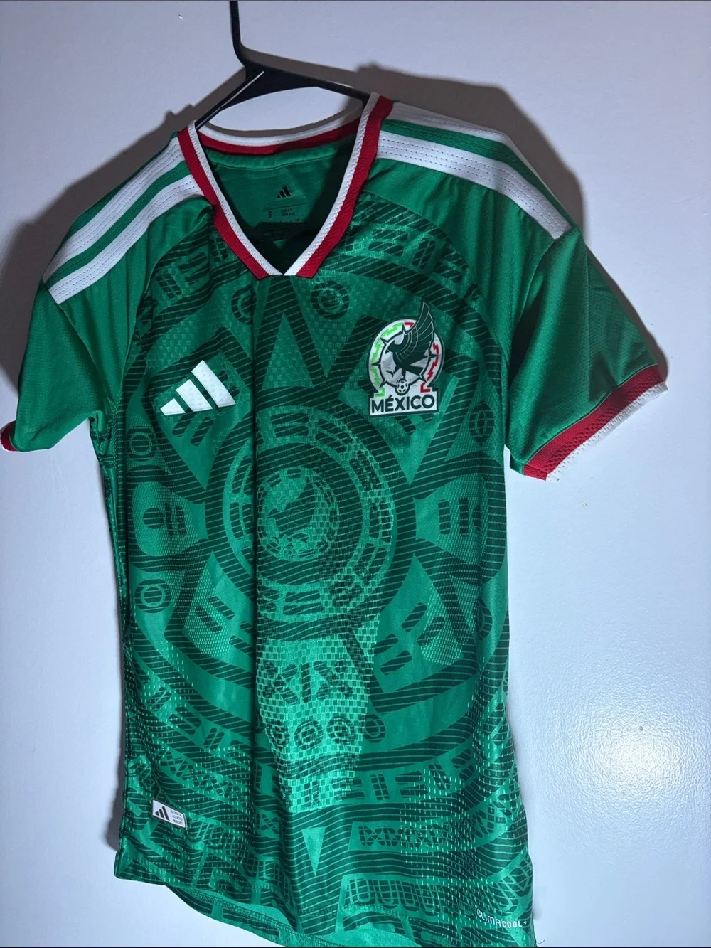 adidas Green Mexico Soccer Jersey with White Stripes and Red Trim